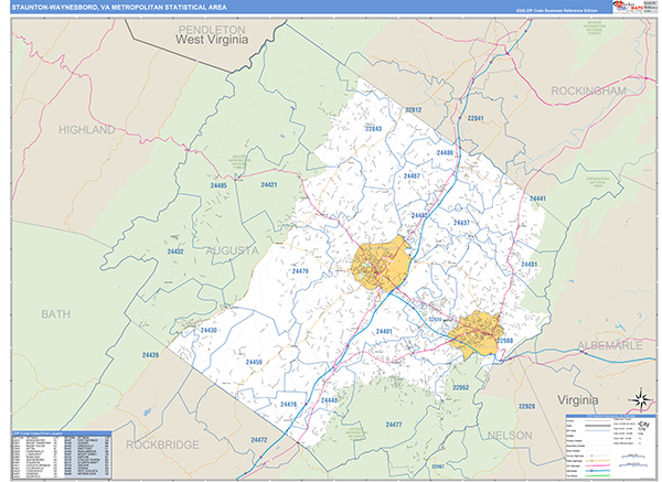 Staunton-Waynesboro Metro Area Wall Map Basic Style